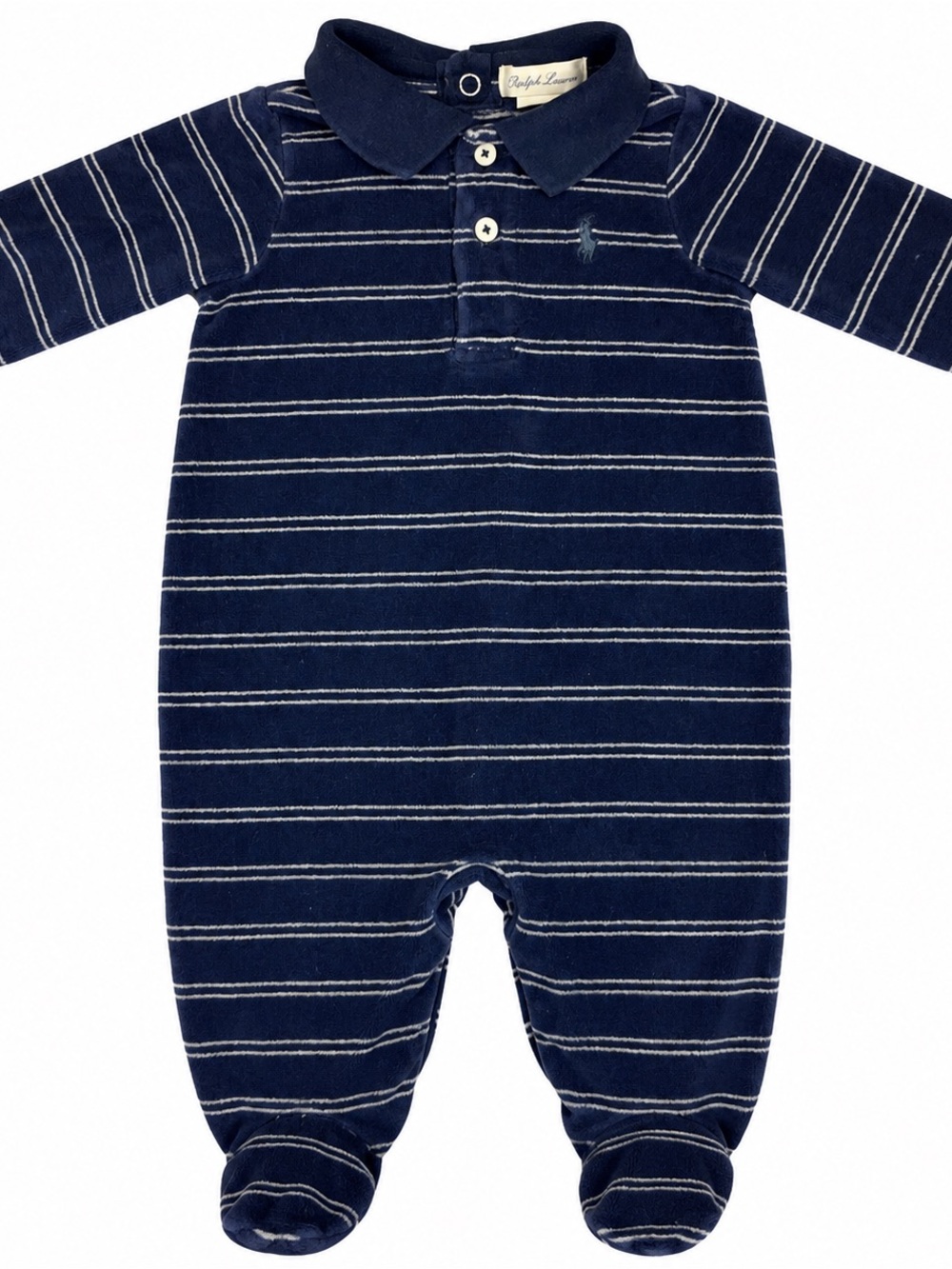 Ralph Lauren Baby 3M Navy Striped Velour Footie Pony